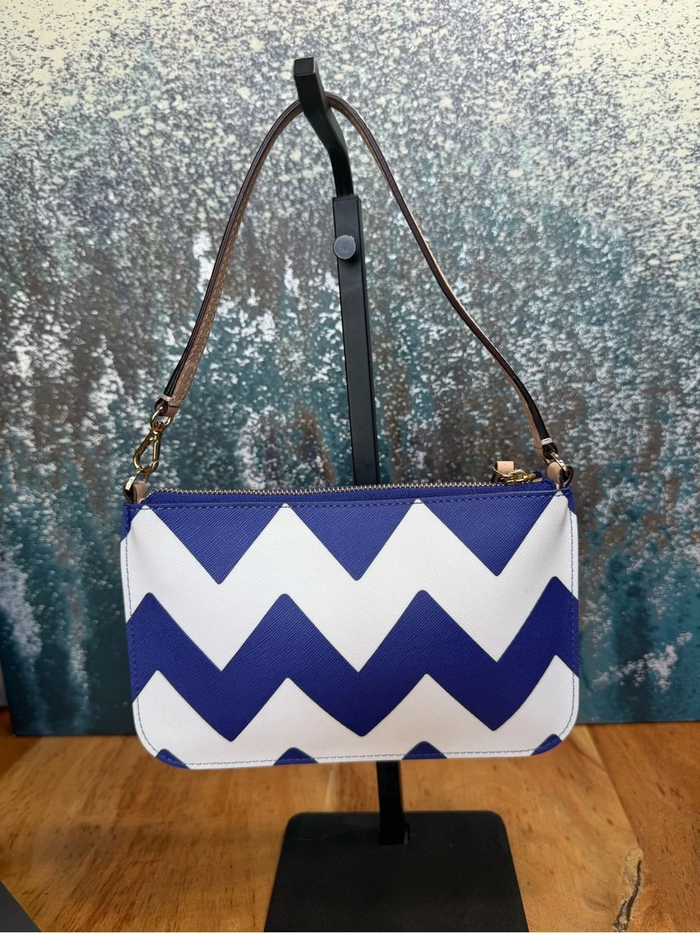 Kate Spade Nautical Coastal Preppy Chevron Wristlet Clutch Blue White